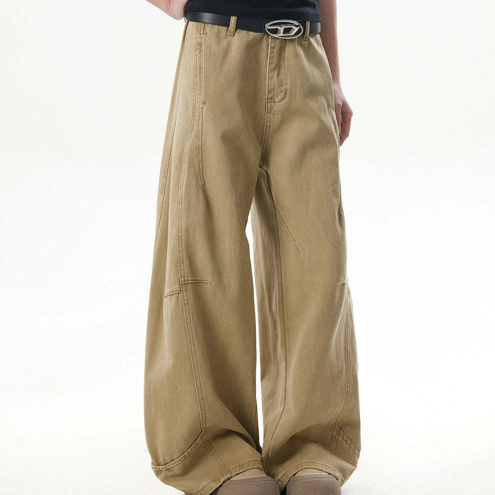 美式復古解構設計感vintage工裝褲女卡其色拼接彎刀褲