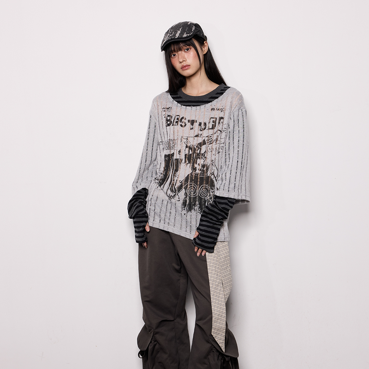 美式印花長袖罩衫T恤女夏季防曬透氣假兩件輕薄寬鬆休閒上衣