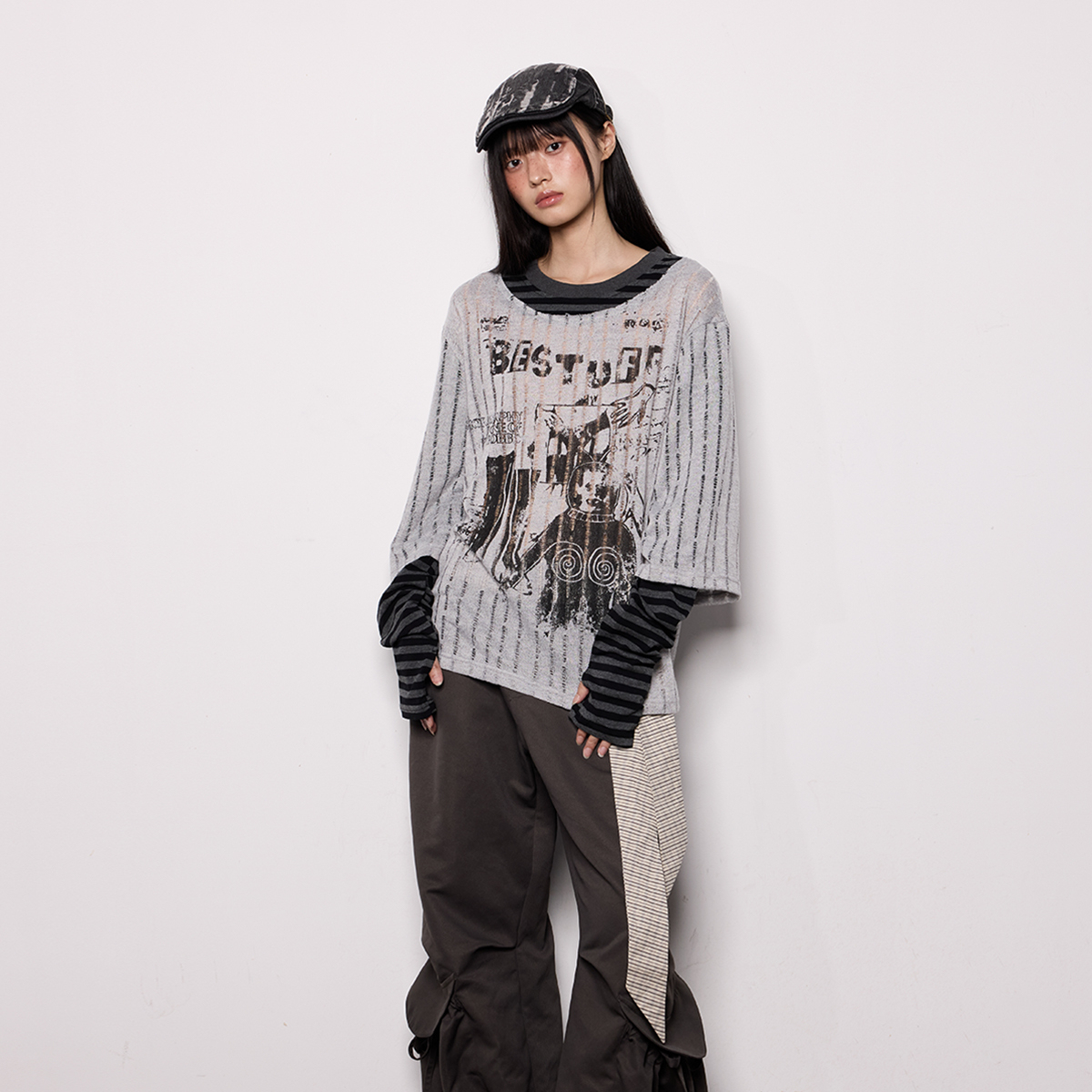 美式印花長袖罩衫T恤女夏季防曬透氣假兩件輕薄寬鬆休閒上衣