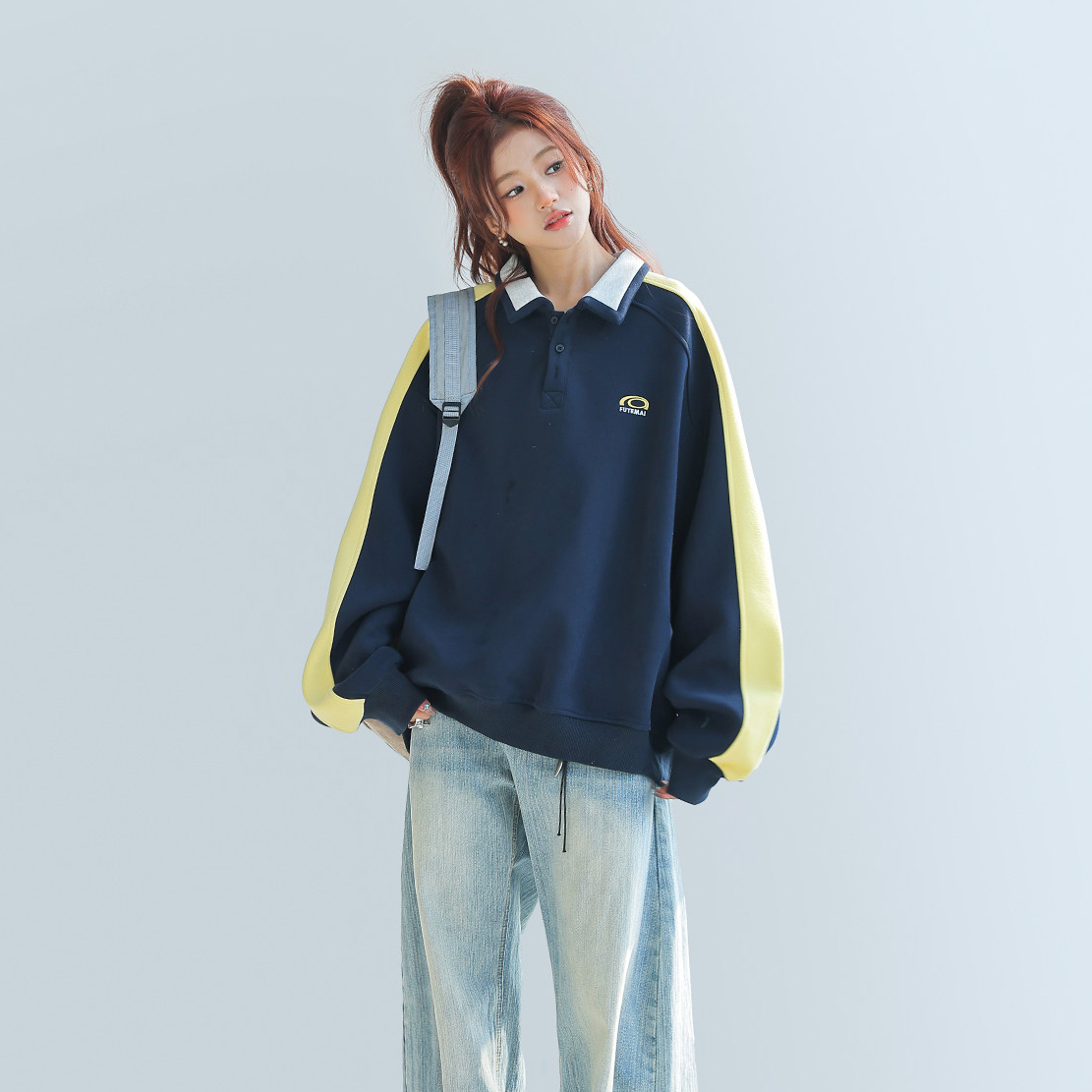 美式慵懶chic拼接翻領衛衣女款新款寬鬆上衣