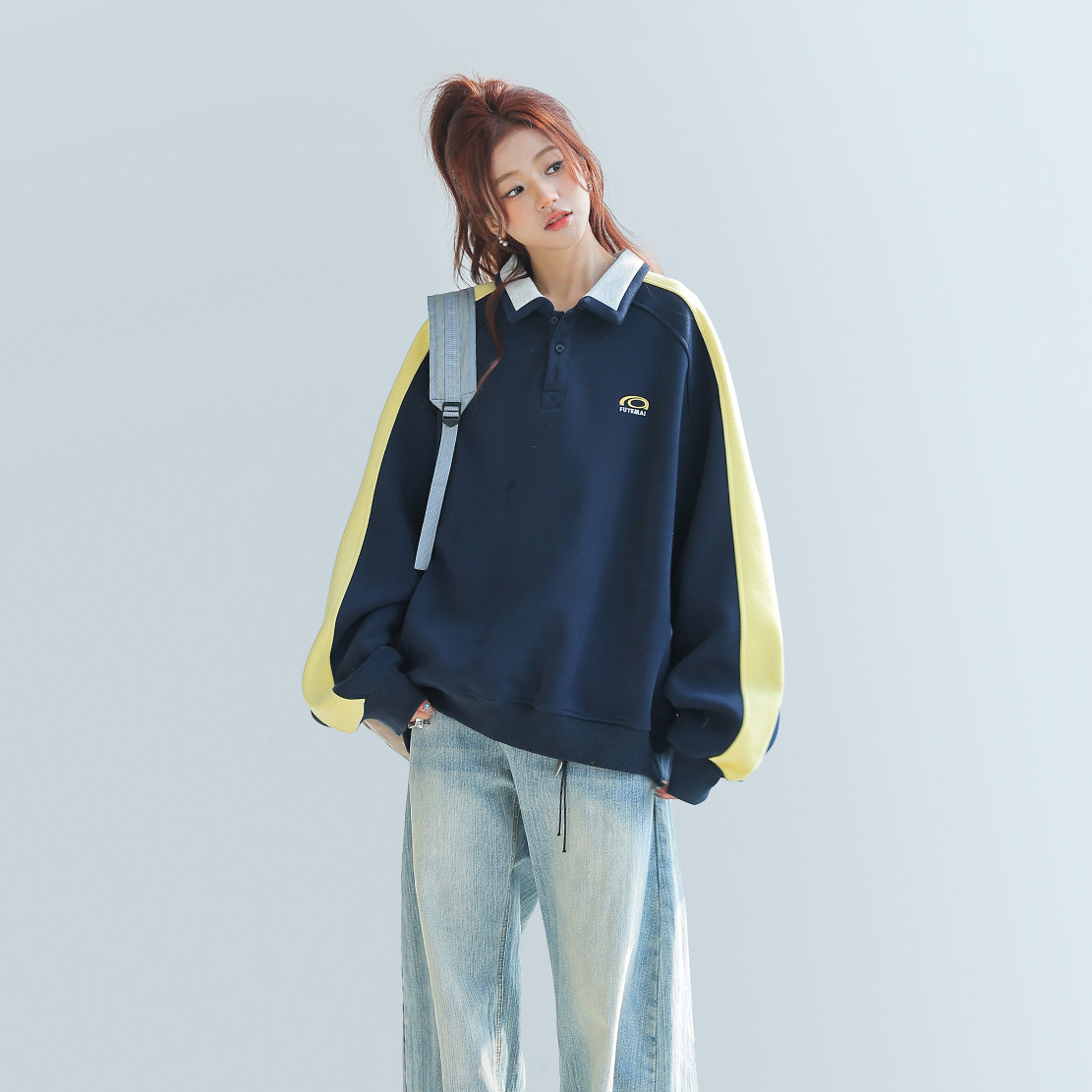 美式慵懶chic拼接翻領衛衣女款新款寬鬆上衣