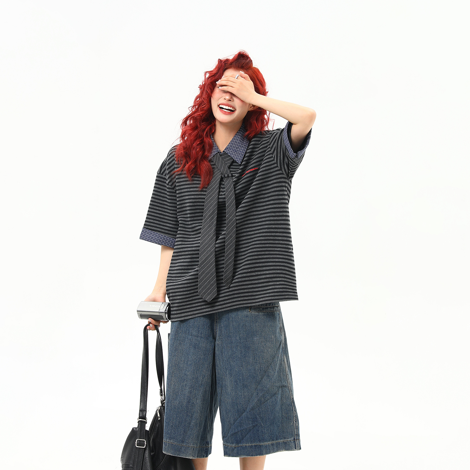 重磅高級感黑灰條紋短袖T恤女格子翻領美式復古上衣