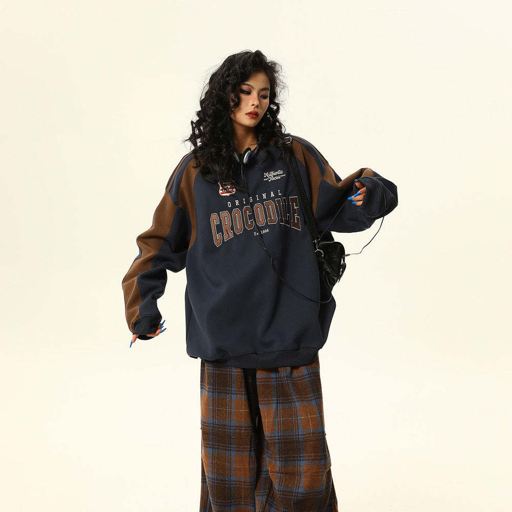 美式復古圓領衛衣女拼接設計感寬鬆美拉德潮牌上衣