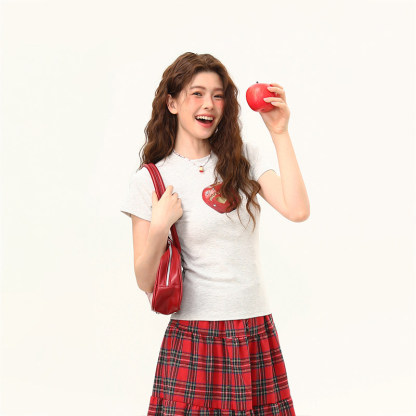 美式復古創意印花正肩T恤女夏季辣妹修身顯瘦潮流短袖女