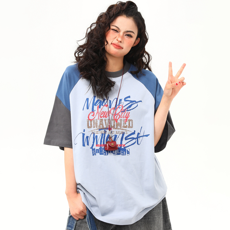 美式復古手繪塗鴉字母撞色插肩短袖T恤女設計感小眾t