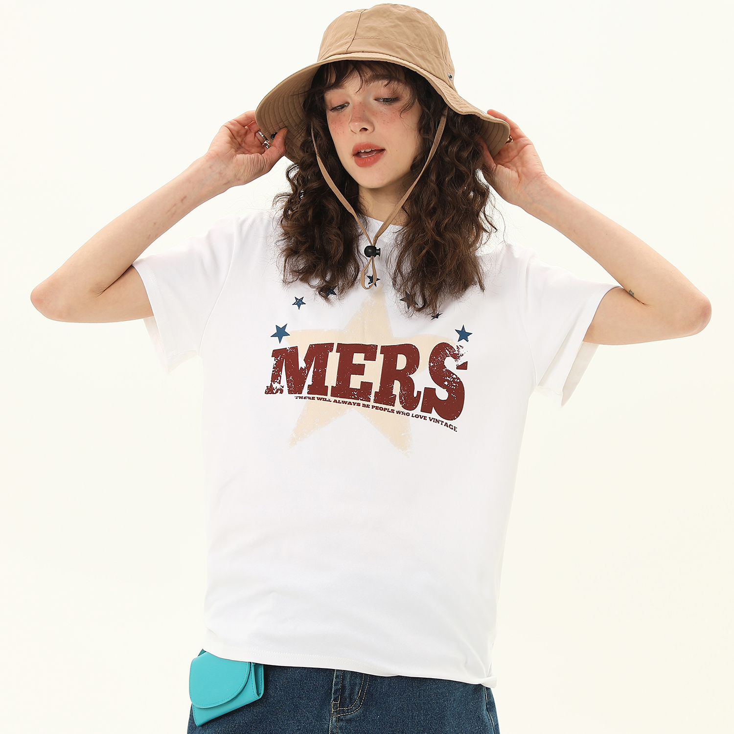 正肩T恤女美式復古星星印花夏季設計感短款寬鬆短袖上衣