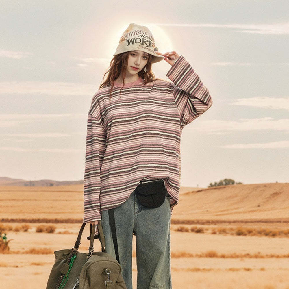 街頭潮牌復古拼接條紋長袖t恤女春秋新款美式寬鬆套頭上衣