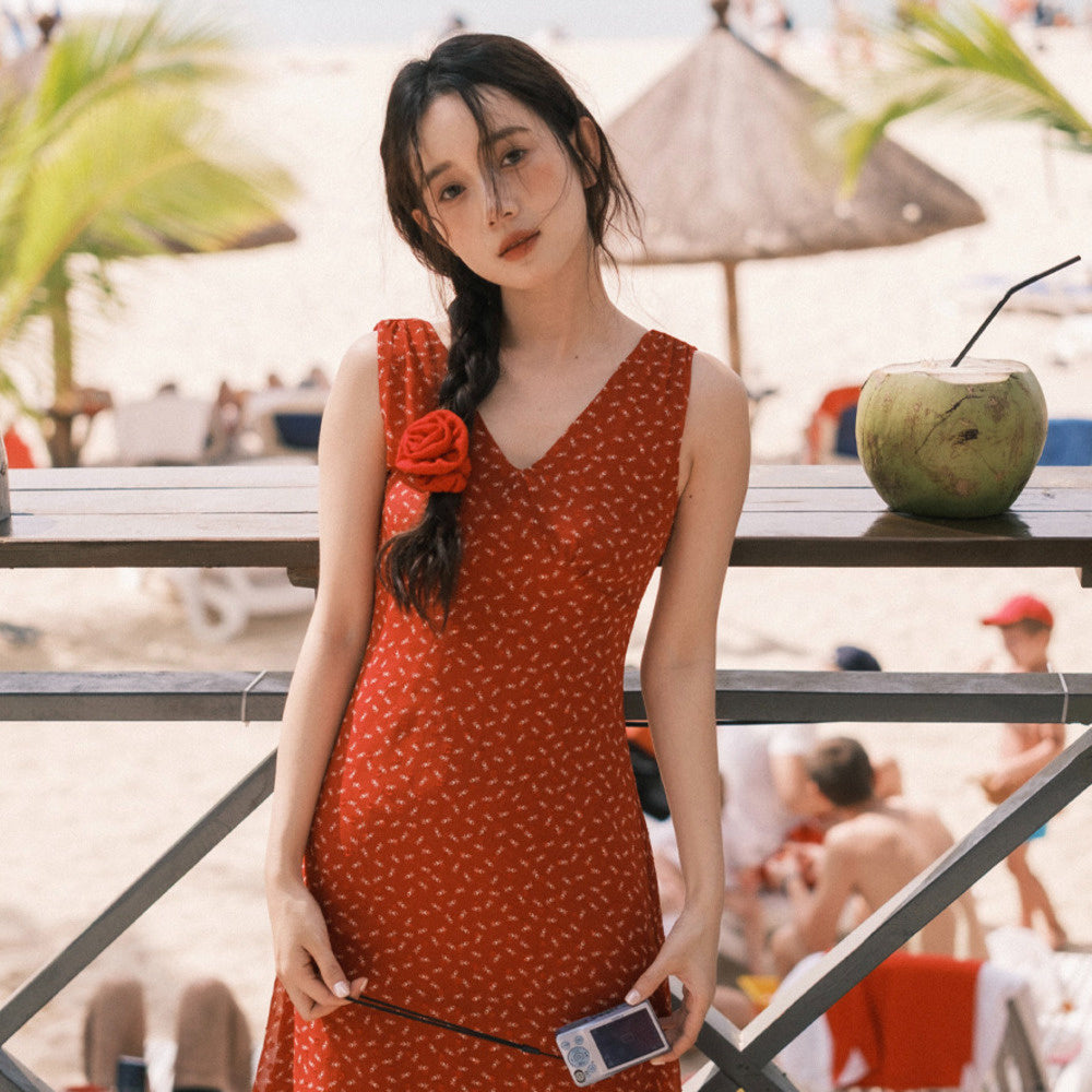 法式復古紅裙修身顯瘦海邊度假氣質碎花V領無袖連衣裙夏