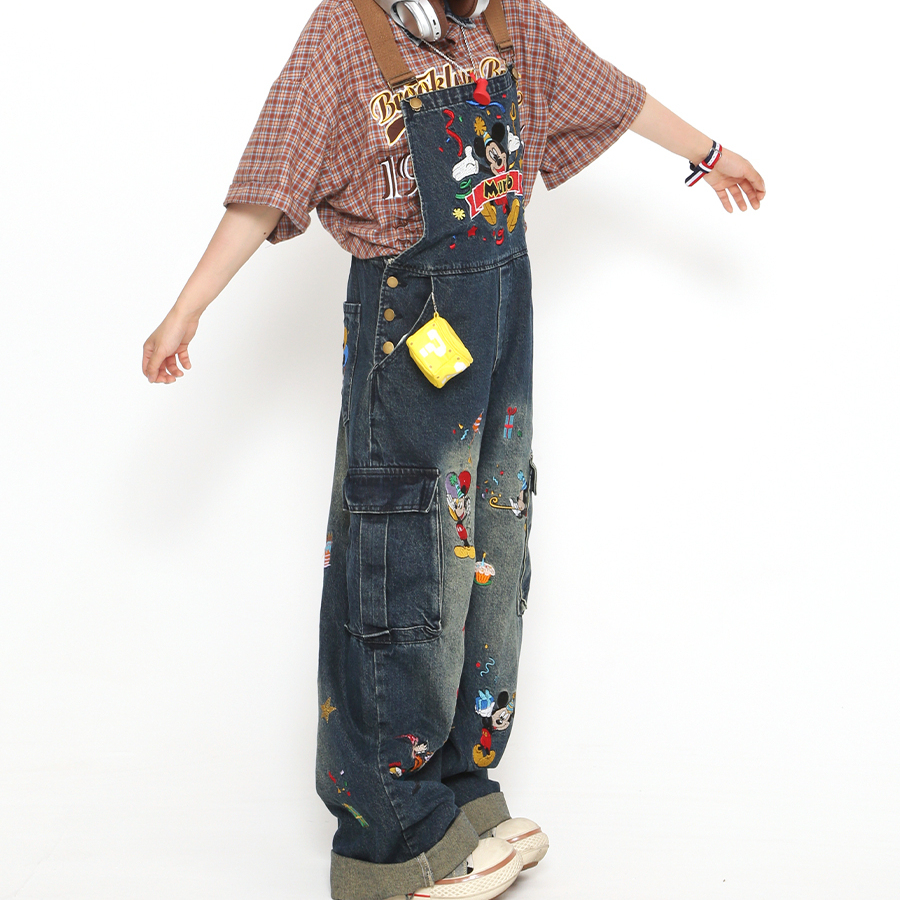 美式卡通米奇刺繡背帶褲女夏季寬鬆vibe連體拖地牛仔褲