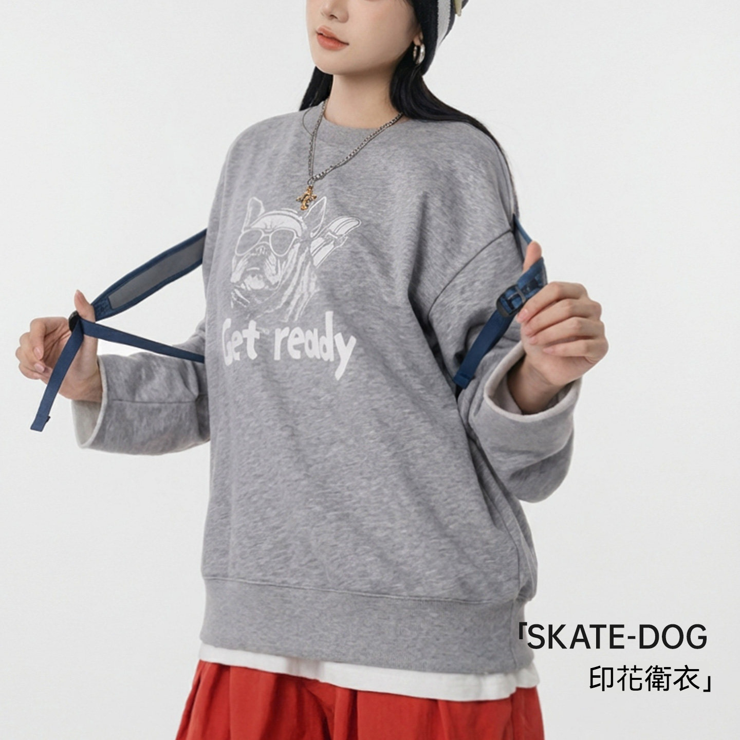 美式復古灰色重磅套頭寬鬆內搭印花衛衣長袖T恤上衣女士春秋