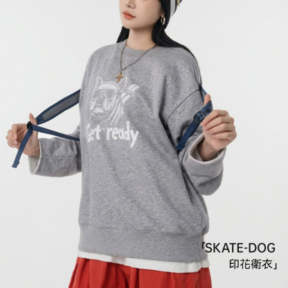 美式復古灰色重磅套頭寬鬆內搭印花衛衣長袖T恤上衣女士春秋