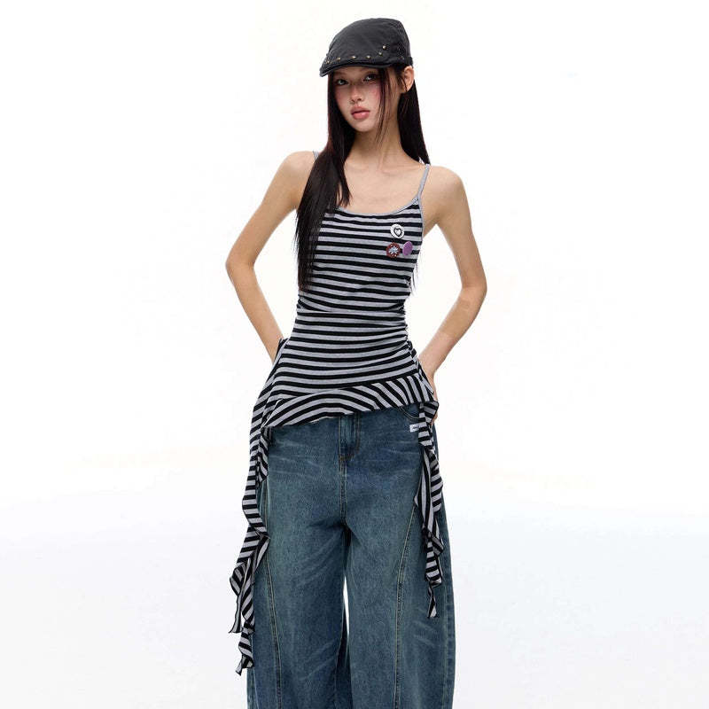 美式復古黑色流蘇飄帶條紋吊帶背心夏季新款辣妹修身顯瘦上衣