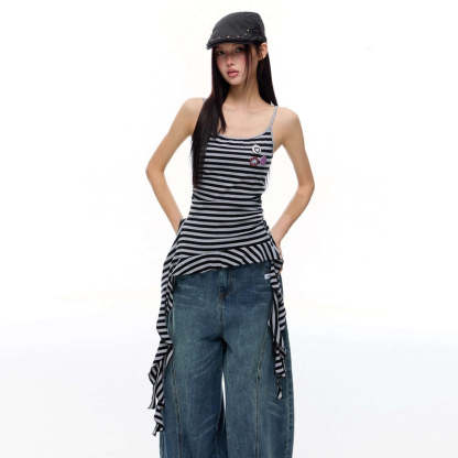 美式復古黑色流蘇飄帶條紋吊帶背心夏季新款辣妹修身顯瘦上衣