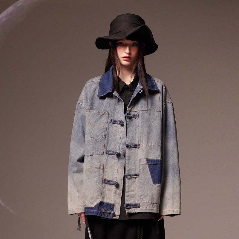 美式潮牌水洗做舊盤扣牛仔夾克女ins潮流休閒外套