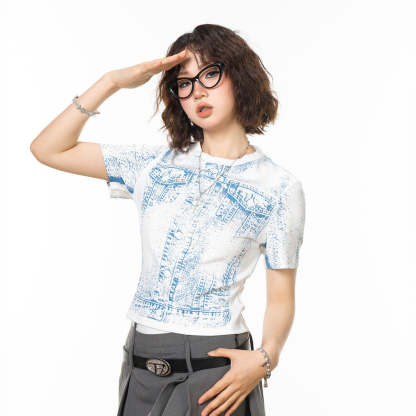 美式vintage牛仔印花短款t恤女短袖新款夏季顯瘦辣妹正肩上衣