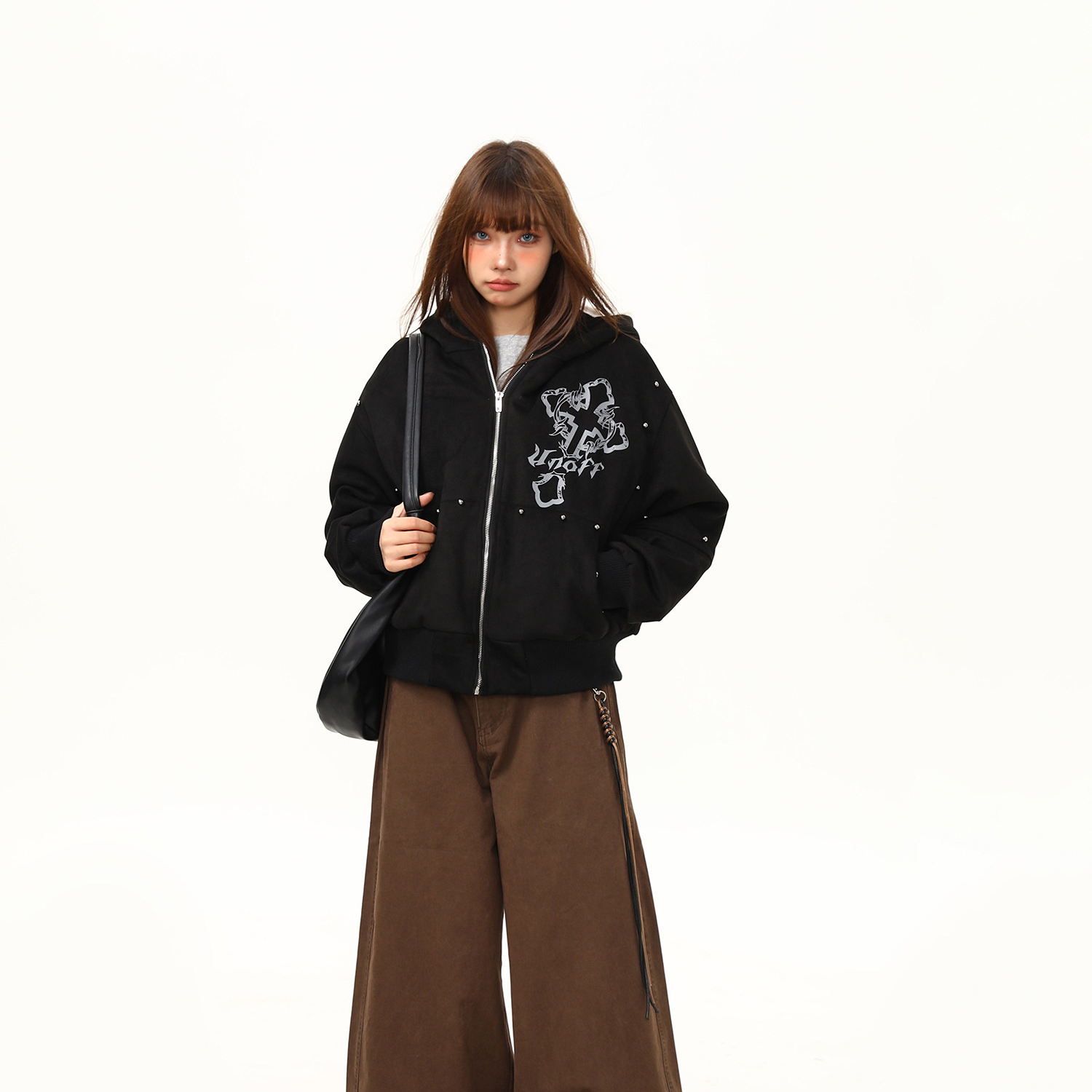 貓耳朵毛絨連帽外套女冬季新款鉚釘設計感加厚棉服棉衣