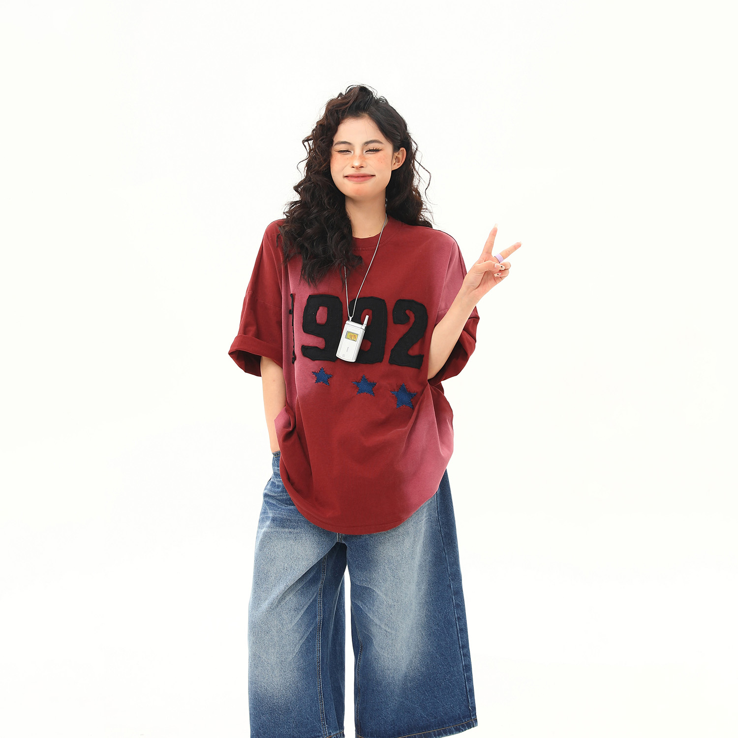 美式復古水洗噴繪重磅短袖T恤女刺繡字母紅色tee