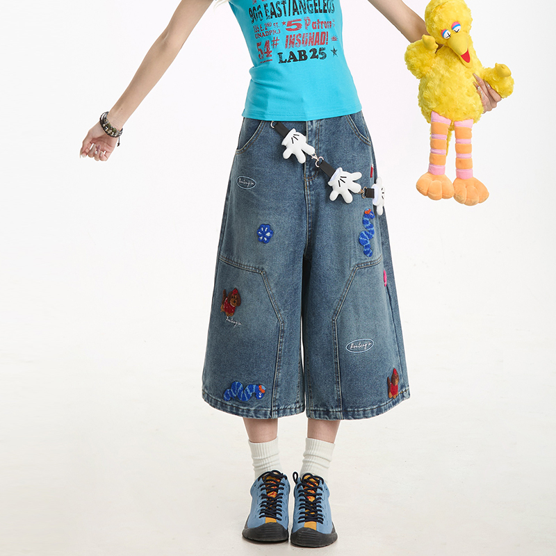 趣味刺繡牛仔七分褲女夏季做舊水洗寬鬆直筒休閒百搭短褲