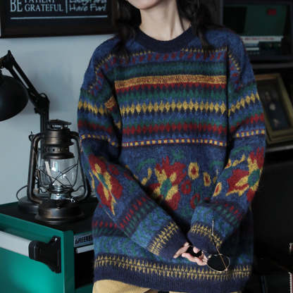 復古提花圓領套頭針織衫寬鬆慵懶風毛衣女秋冬