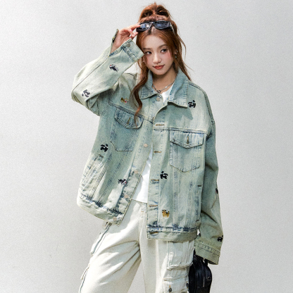 可愛猫狗刺繡牛仔外套女2025新款寬鬆慵懶小個子牛仔衣秋季