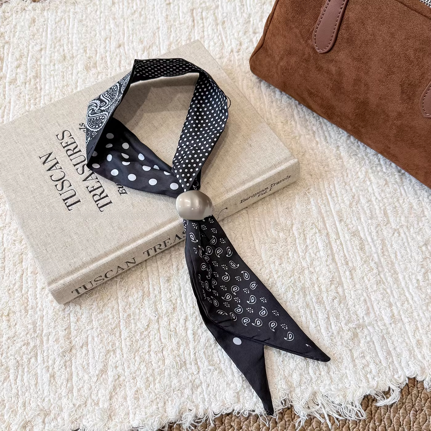 法式復古抽拉系脖絲巾項鍊女春季新款波點領巾長條毛衣鏈圍巾配飾