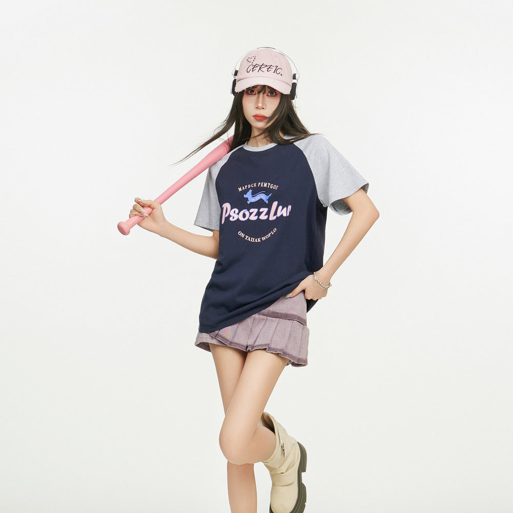 美式復古插肩短袖t恤女夏季寬鬆設計感小眾純棉正肩上衣