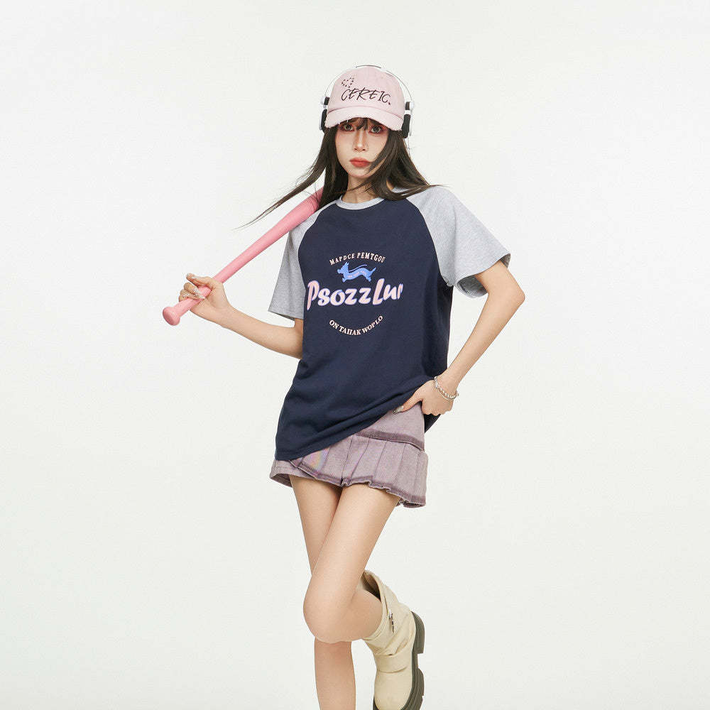 美式復古插肩短袖t恤女夏季寬鬆設計感小眾純棉正肩上衣