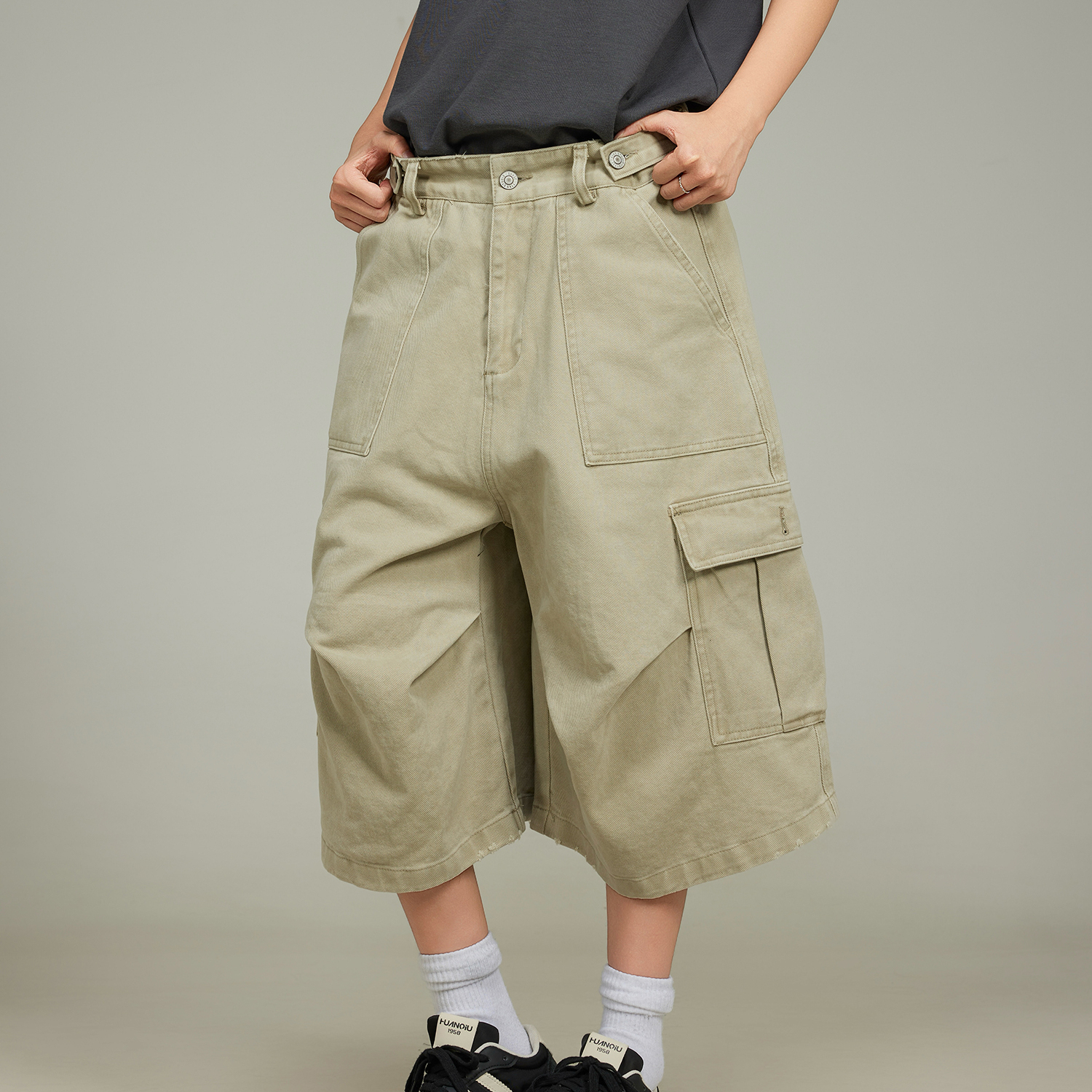 美式復古潮牌多口袋七分褲女新款百搭寬鬆顯瘦工裝短褲