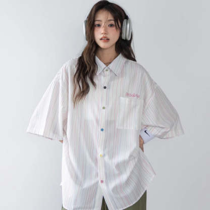彩色條紋設計短袖襯衫女新款襯衣別致字母刺繡上衣