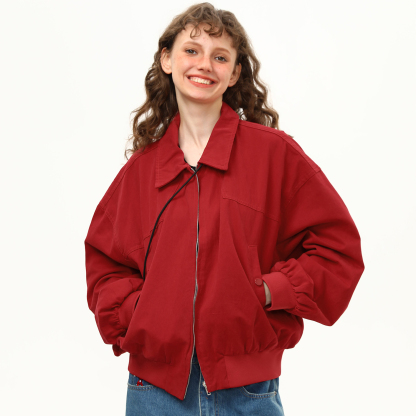 紅色哈靈頓夾克女秋季基礎百搭短寬鬆外套潮高級感上衣