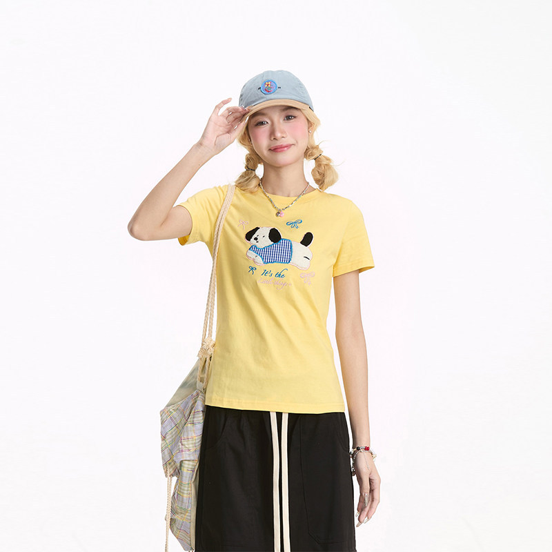 短袖女甜酷小狗植絨减齡T恤夏季修身顯瘦小個子百搭上衣