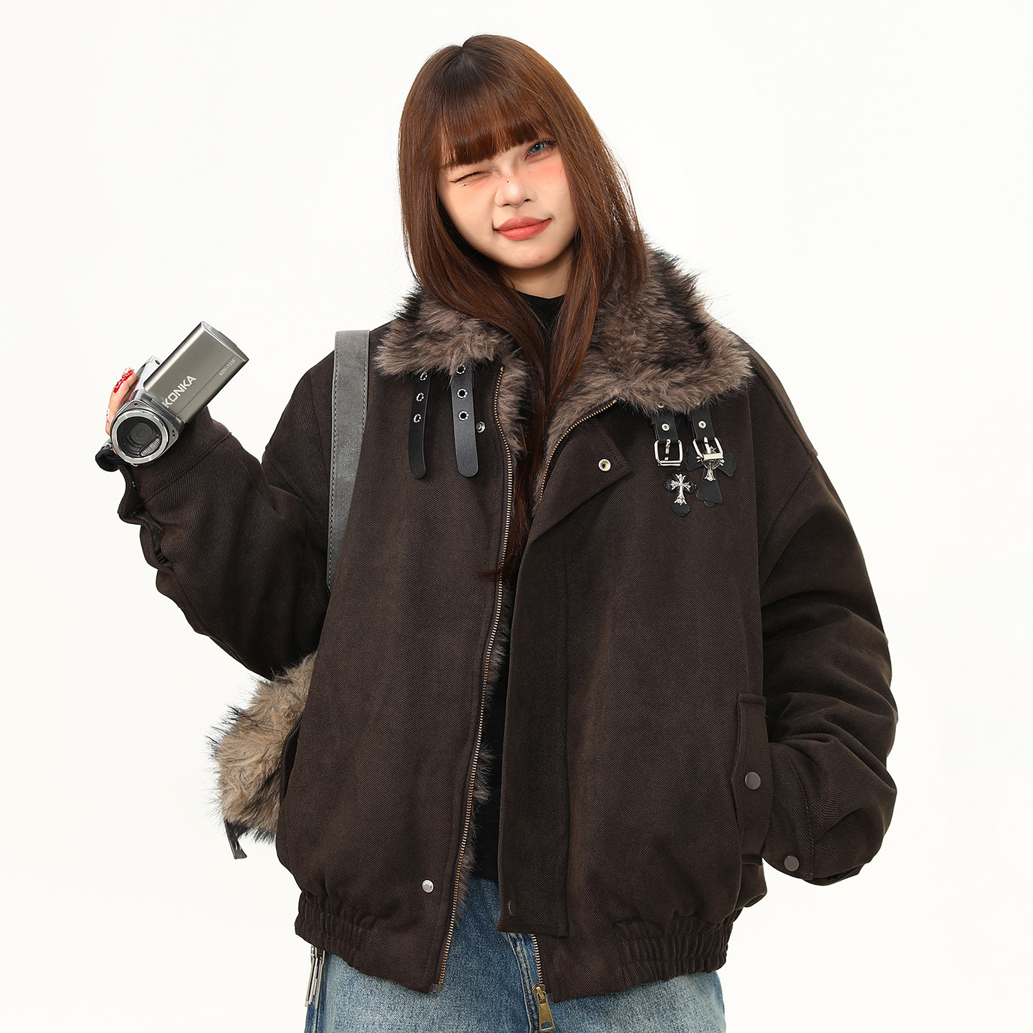 美式復古高級感美拉德座山雕棉服外套女冬季加厚保暖棉衣