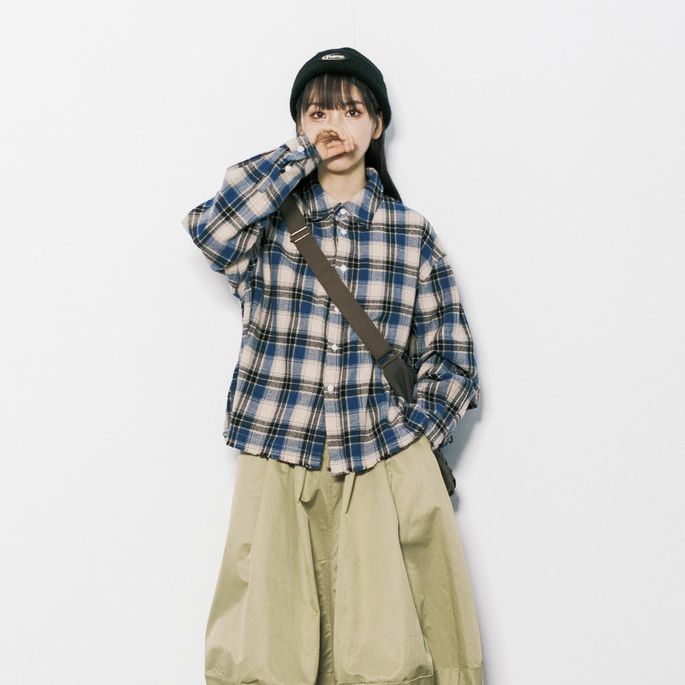 美式復古cleanfit毛邊格子翻領長袖襯衫女春秋寬鬆上衣外套