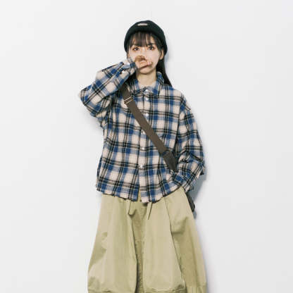 美式復古cleanfit毛邊格子翻領長袖襯衫女春秋寬鬆上衣外套