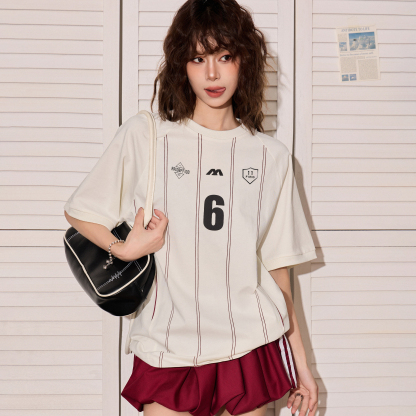 條紋正肩短袖t恤女夏新款oversize寬鬆顯瘦運動球衣上衣