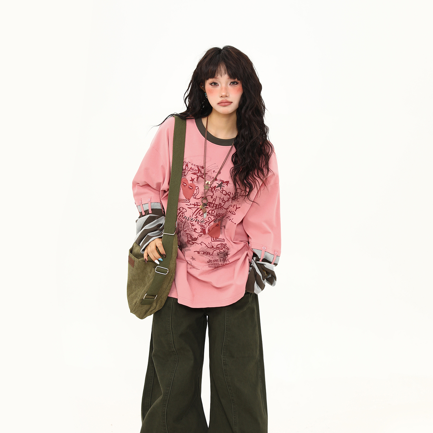 美式復古設計感拼接袖子假兩件長袖T恤女秋冬百搭打底衫