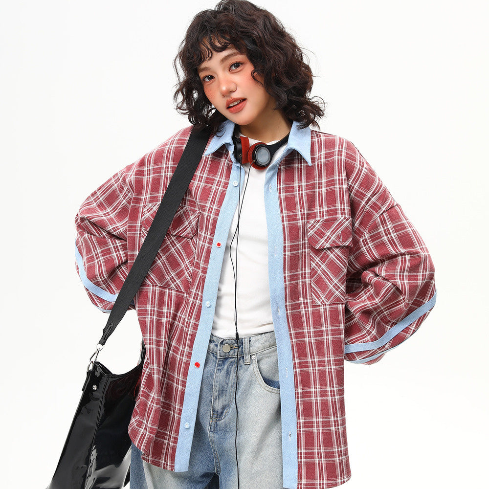 美式復古撞色格子長袖襯衫女春季寬鬆百搭格紋襯衣