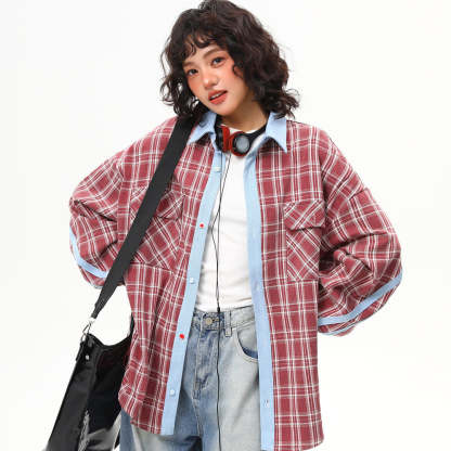 美式復古撞色格子長袖襯衫女春季寬鬆百搭格紋襯衣