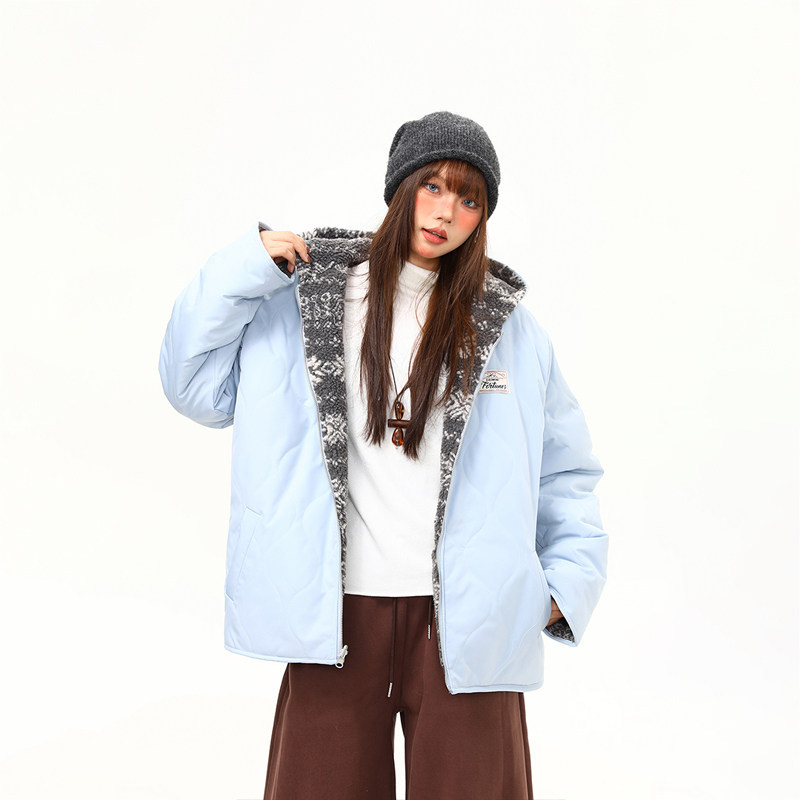 冬季復古費爾島羊羔絨雙面穿棉服女寬鬆氛圍感加厚外套