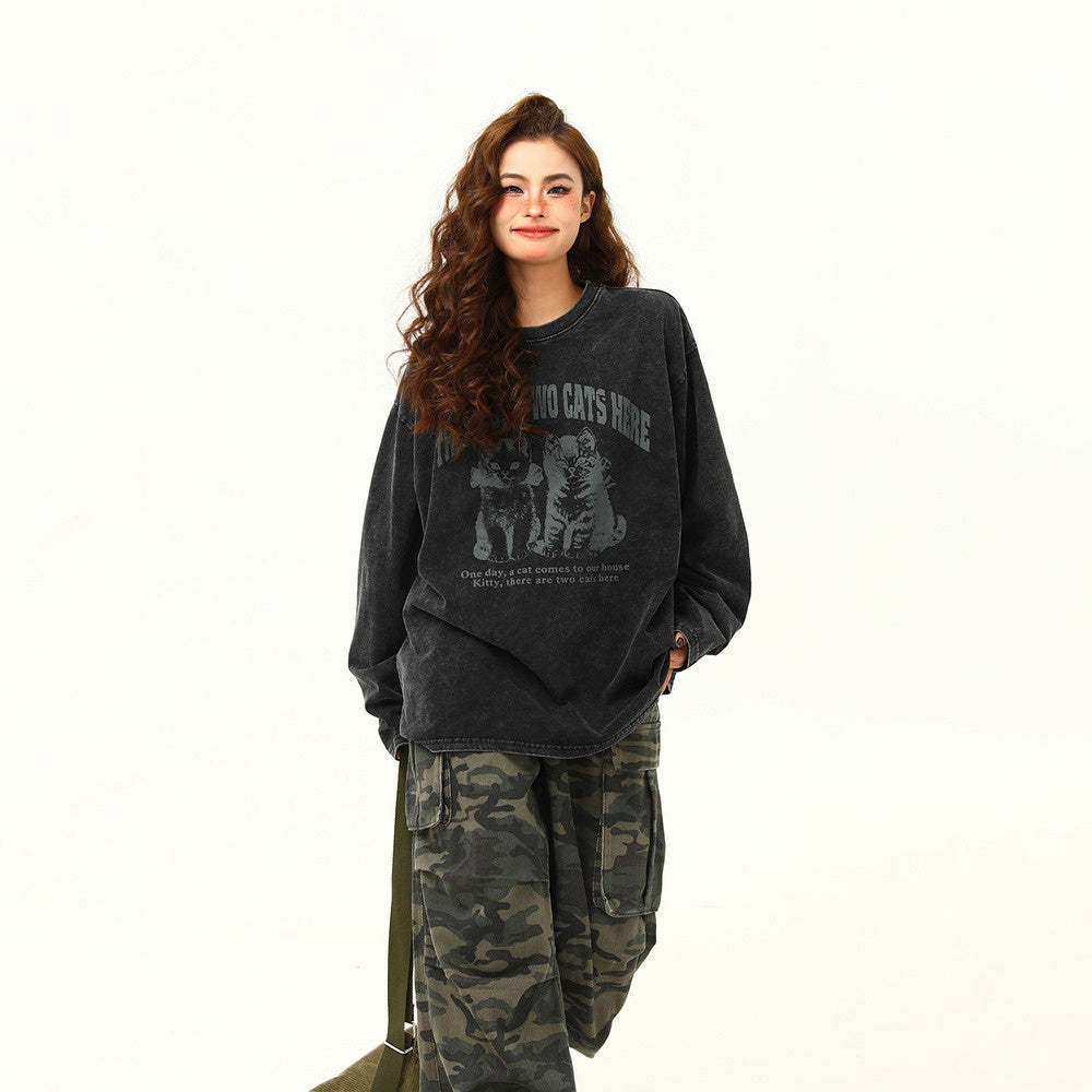 美式復古水洗長袖T恤女寬鬆百搭猫咪印花做舊圓領打底衫