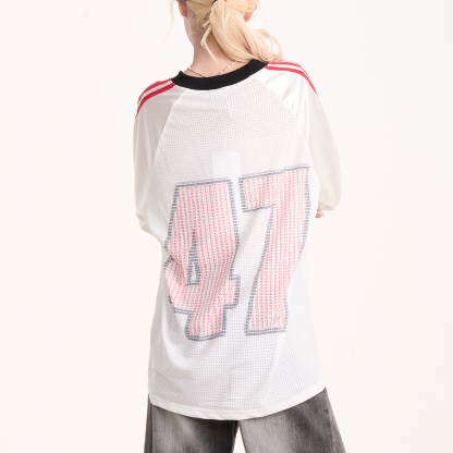 復古條紋Kitty猫印花長袖T恤女美式運動風寬鬆網眼上衣