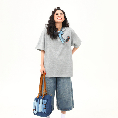 美式復古學院風綁帶蝴蝶結臘腸狗短袖T恤女夏季百搭上衣