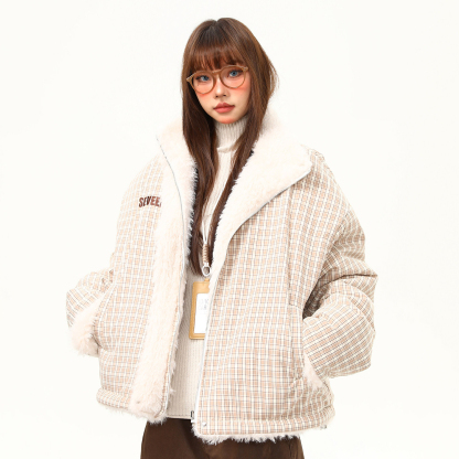 美式復古雙面穿格子棉服外套女冬季新款加絨百搭寬鬆棉襖