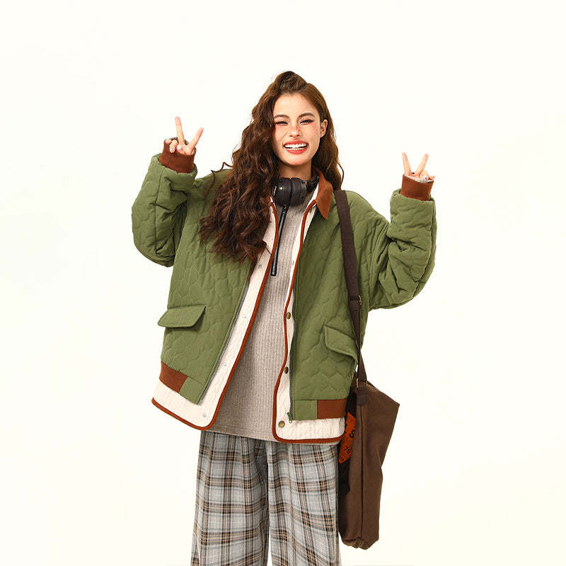 美式復古拼接夾棉棉服外套女冬季撞色氛圍感保暖棉衣