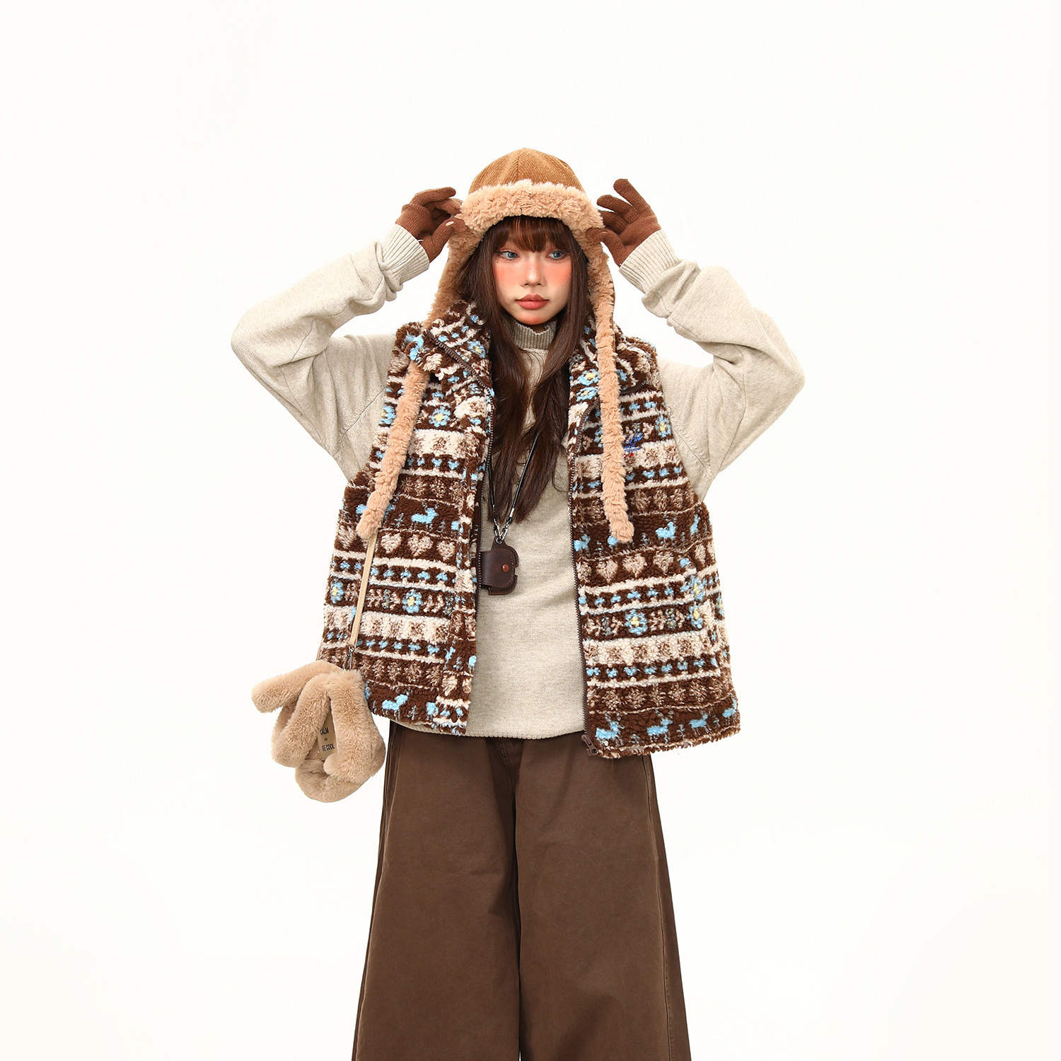 美式復古費爾島羊羔毛馬甲棉服外套女冬季新款氛圍感棉衣