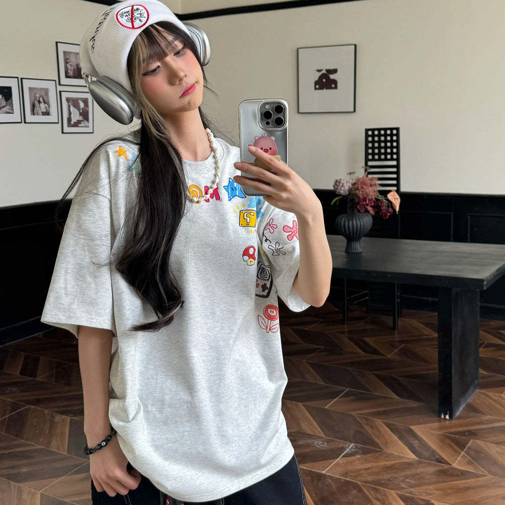 美式手繪塗鴉字母印花短袖女夏季新款寬鬆休閒T恤