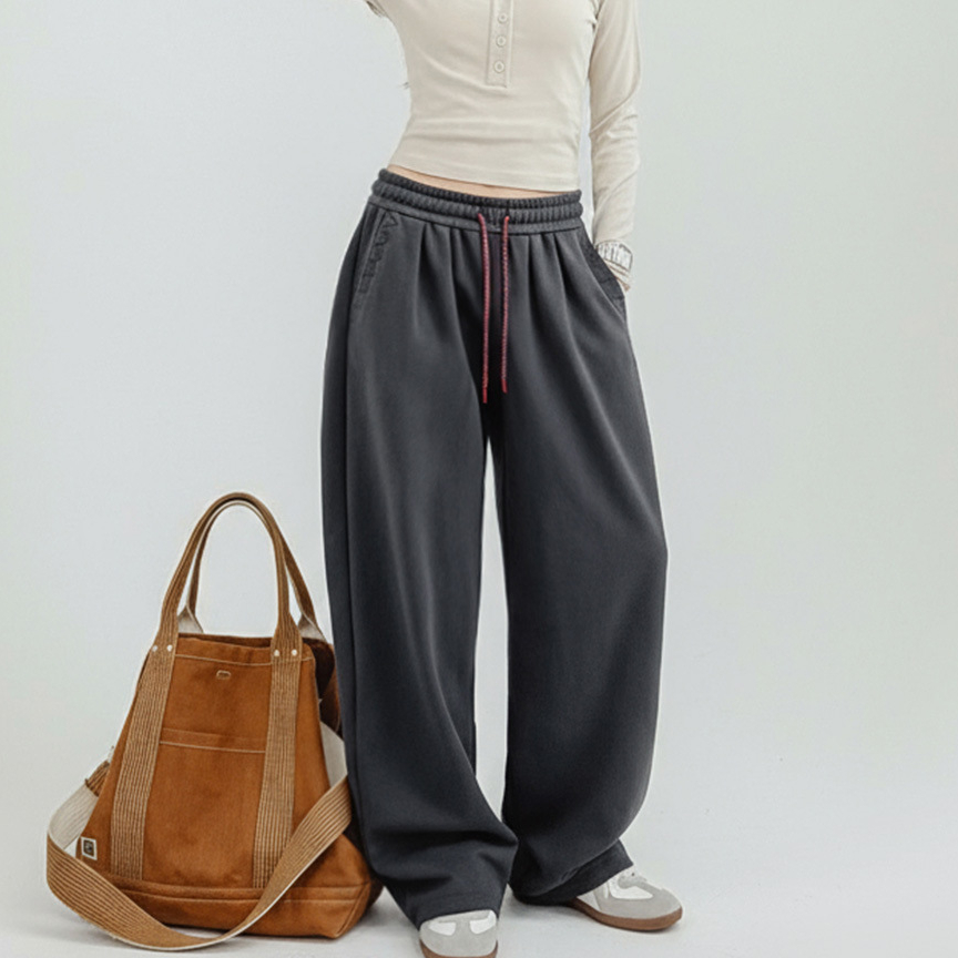 深灰色針織闊腿直筒垂感抽繩衛褲寬鬆休閒香蕉長褲子女士秋冬