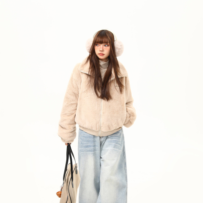 復古氣質高級感軟糯毛絨棉服外套女短寬鬆百搭冬季上衣