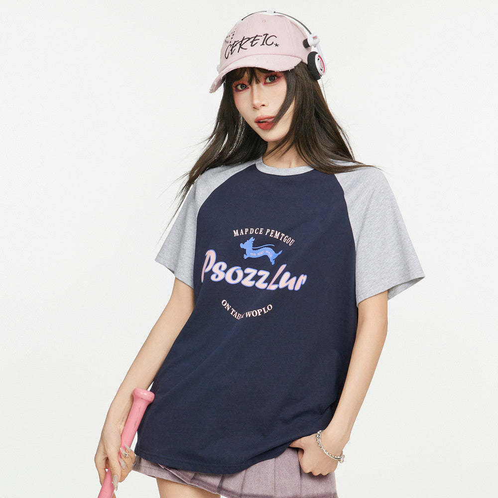 美式復古插肩短袖t恤女夏季寬鬆設計感小眾純棉正肩上衣