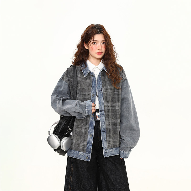 美式復古水洗格紋拼接牛仔外套女春季新款重磅潮牌夾克